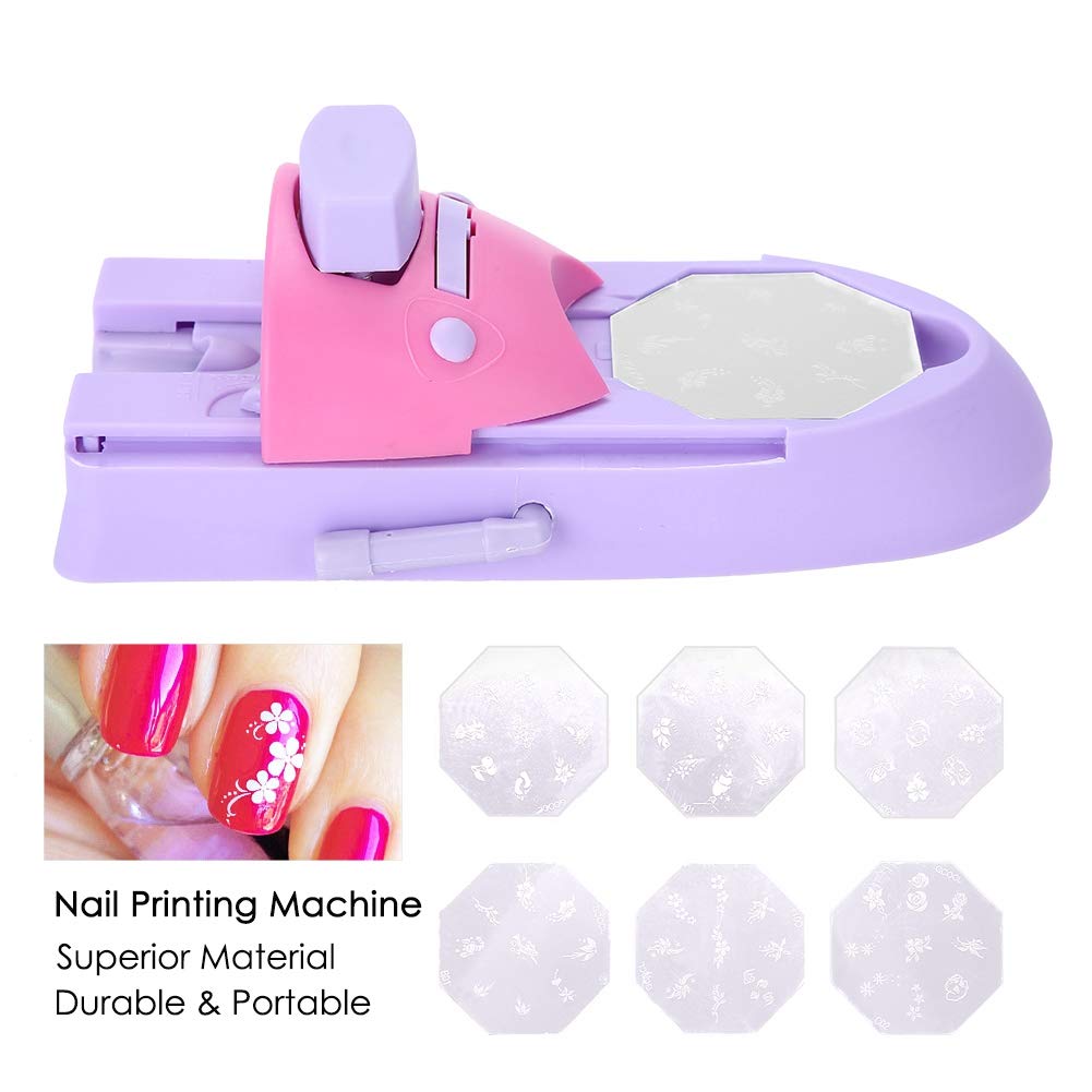 Nail Art Pattern Printer, DIY Stamper Manicure Printing Machine Printers Tool Set (1*Main Machine + 6*Pcs of Stainless Steel printed Templates + 1*User Manual)