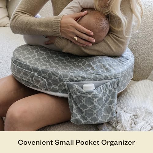 Nursing Pillow - Deluxe - Enhanced Comfort w/ Slipcover - Ergonomic Breastfeeding Pillow For Ultimate Support For Mom &amp; Baby - Adjustable Pillow W/ Handy Side Pocket, Flower Key Grey