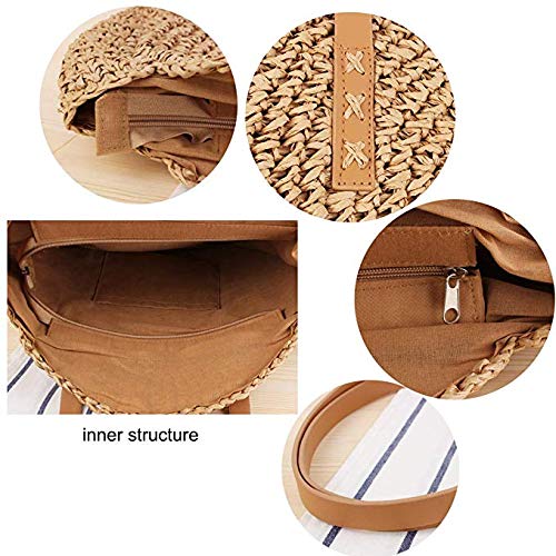 Round Straw Bag Handwoven Natural Summer Beach Shoulder Bag Rattan Crossbody Purse for Women (brown) One Size