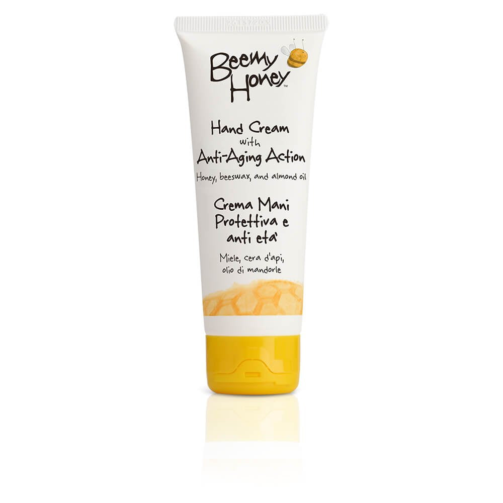 BeeMy Honey Hand Cream with Anti-Aging Action comes in a 2.54 oz container and contains Italian honey, beeswax, almond oil, and glycyrrhetinic acid to help prevent dryness and restore skin softness