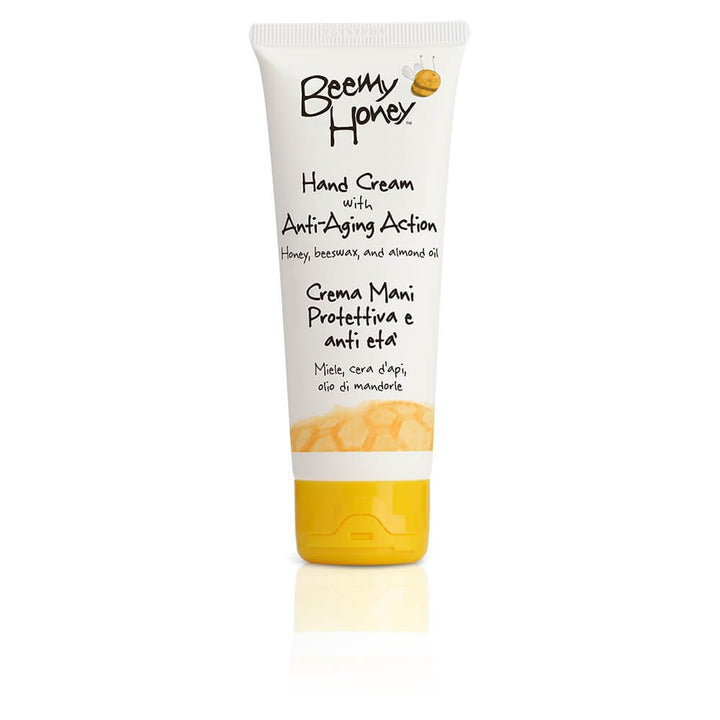 BeeMy Honey Hand Cream with Anti-Aging Action comes in a 2.54 oz container and contains Italian honey, beeswax, almond oil, and glycyrrhetinic acid to help prevent dryness and restore skin softness