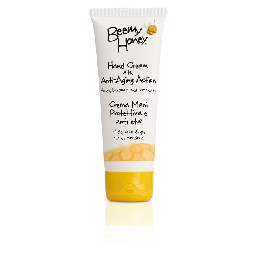 BeeMy Honey Hand Cream with Anti-Aging Action comes in a 2.54 oz container and contains Italian honey, beeswax, almond oil, and glycyrrhetinic acid to help prevent dryness and restore skin softness