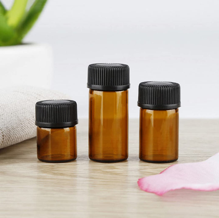 50Pack Set 1ML 2ML 3ML 5ML Amber Glass Bottle with Orifice Reducer and Cap Small Essential Oil Vials (2ML)