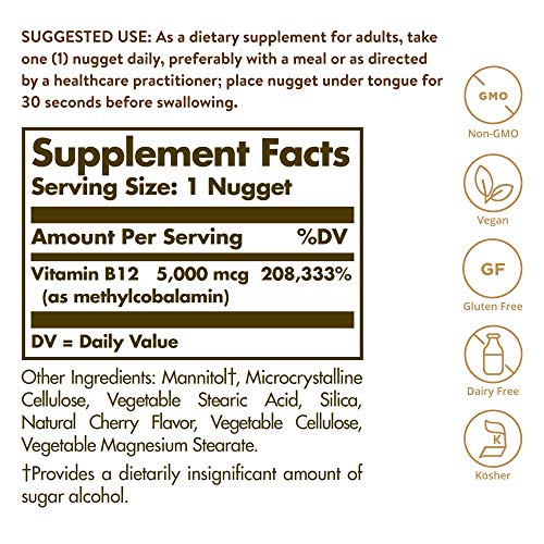 Solgar Methylcobalamin (Vitamin B12) 5000 mcg - Supports Energy Metabolism - Body-Ready, Active Form of B12 - Vitamin B - Non GMO, Vegan, Gluten, Dairy Free, Kosher - Cherry, 60 Count