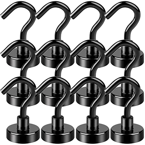 Black Magnetic Hooks, 28Lbs Strong Magnetic Hooks Heavy Duty with Epoxy Coating for Refrigerator, Magnetic Cruise Hooks for Hanging, Classroom, Office, and Kitchen - Pack of 12