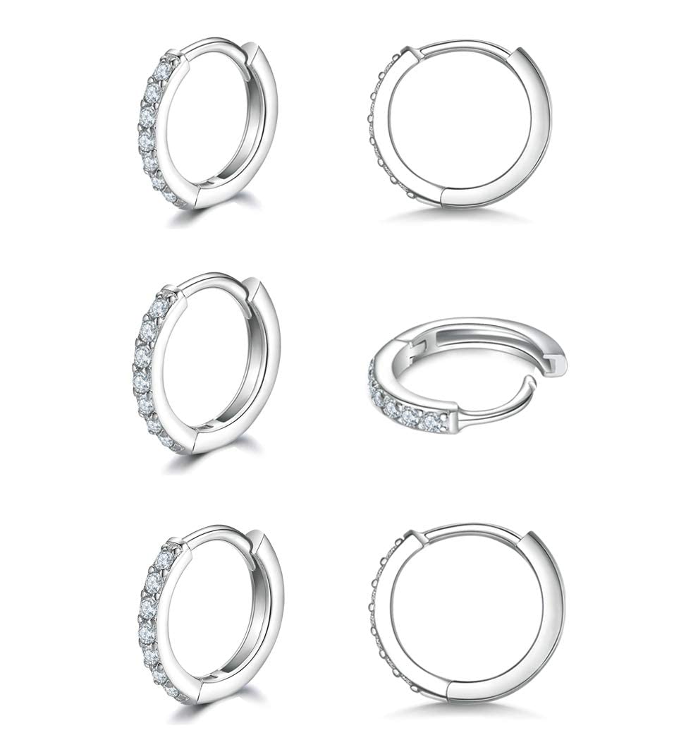 925 Sterling Silver Small Hoop Earrings, Cubic Zirconia Cartilage Huggie Earrings, 3 Pairs 14K White Gold Plated Small Silver Hoops for Women Men 10mm