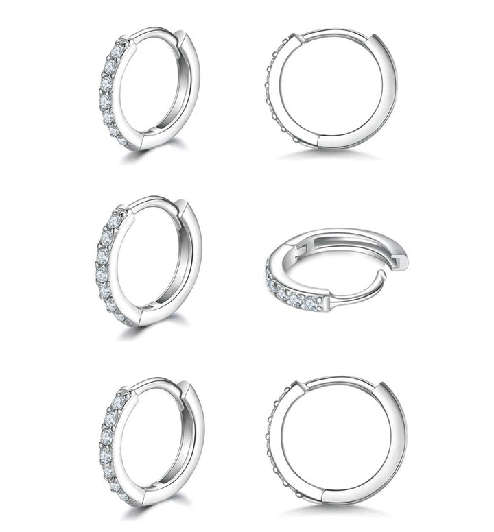 925 Sterling Silver Small Hoop Earrings, Cubic Zirconia Cartilage Huggie Earrings, 3 Pairs 14K White Gold Plated Small Silver Hoops for Women Men 10mm