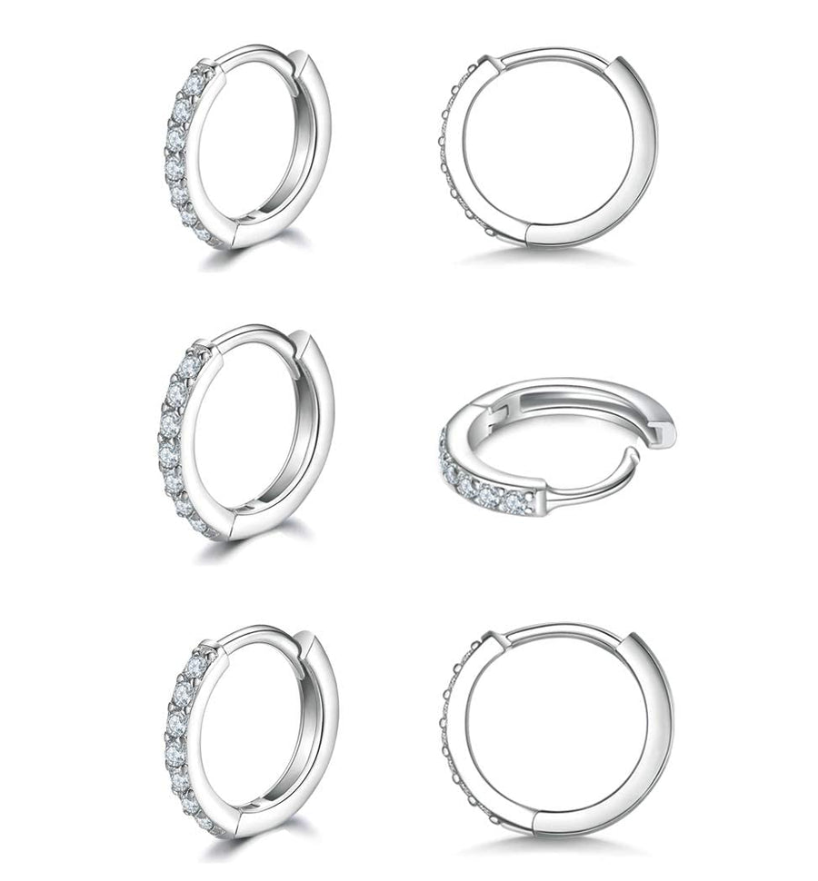 925 Sterling Silver Small Hoop Earrings, Cubic Zirconia Cartilage Huggie Earrings, 3 Pairs 14K White Gold Plated Small Silver Hoops for Women Men 10mm