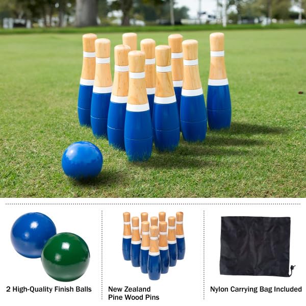 13-Piece Wood Bowling Set - Indoor/Outdoor Bowling Game for Adults and Kids Ages 3 and Up - 10 Wood Pins, 2 Balls, and Carrying Bag by Hey Play (Blue)