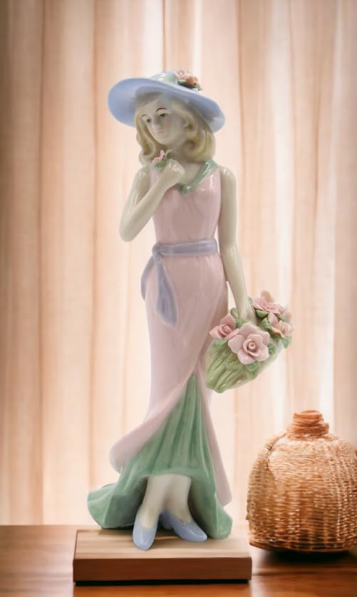 Fine Porcelain Lady with Pink Rose Bouquet Basket Figurine, 7-7/8 H