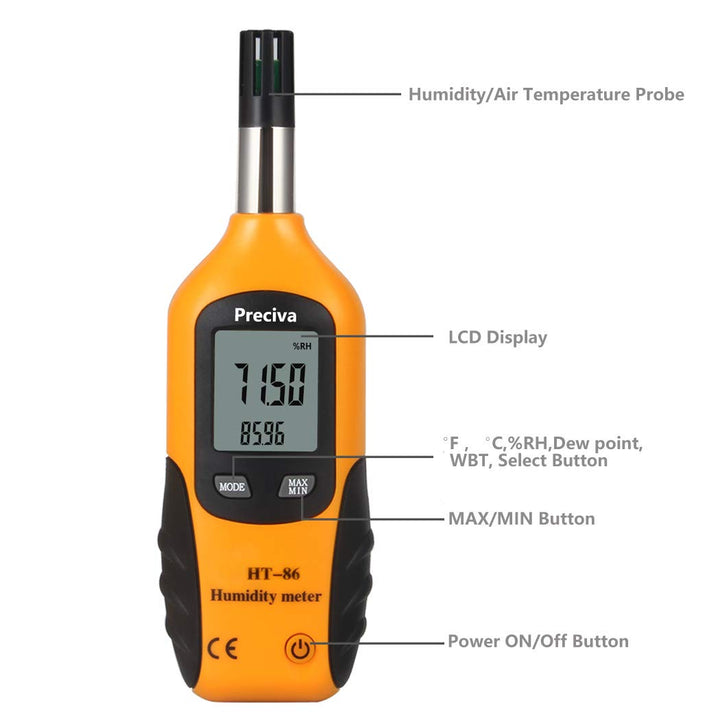 Preciva Digital Psychrometer Thermo-Hygrometer, LCD Mini Temperature and Humidity Meter with Dew Point and Wet Bulb Temperature Hygrometer for Industry, Agriculture, Meteorology (9V Battery Included)