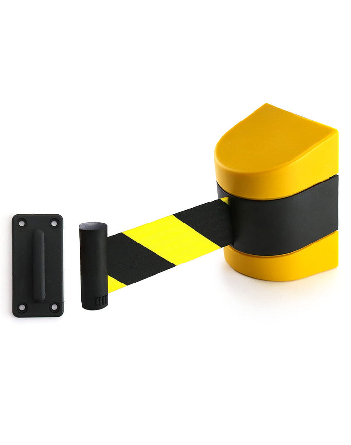 QWORK Fixed Wall Mount Retractable Belt Barrier, ABS Case 16 ft, Black and Yellow Safety Belt with Screws