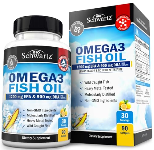 Triple Strength Omega 3 Fish Oil Supplement - 2250mg EPA DHA Omega 3 Fatty Acids from Fresh Wild Caught Fish, Burpless Lemon Flavor Formula Supports Eye Health and More, Gluten Free, 90 Softgels