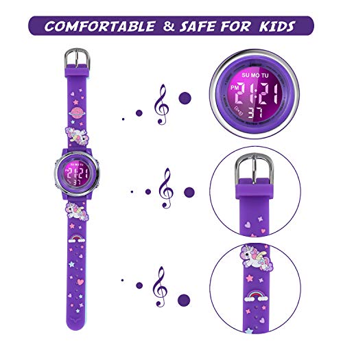 Girls Digital Watch Age 3-12 for Gifts, 3D Cartoon Waterproof Sports Outdoor LED Electrical Watches with Luminous Alarm Stopwatch Toddler Wristwatch for 3-12 Year Old Little Child Purple Unicorn