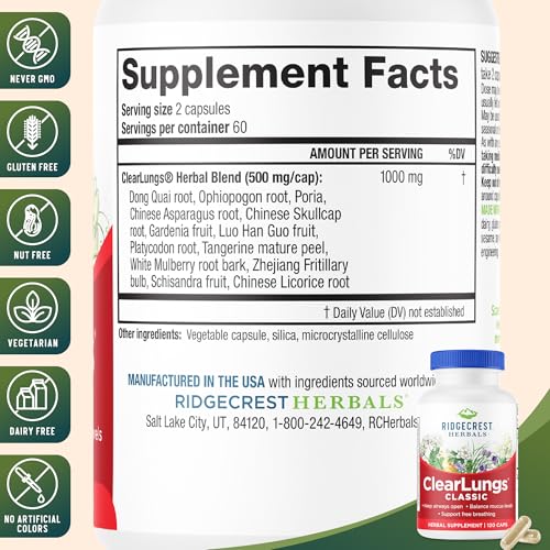 Ridgecrest Herbals ClearLungs Classic, Natural Lung and Nasal Daily Health Supplement for Bronchial, Respiratory, Immune, Sinus, and Mucus Wellness Support, Herbal Formula (120 Caps, 60 Serv)