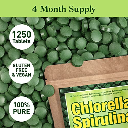 Premium Spirulina and Chlorella Capsules 1,250 Tablets, Non-GMO, Vegan Organic Chlorella Tablets, Sunlight Grown, Cracked Cell Wall, High Protein, Heavy Metal Detox
