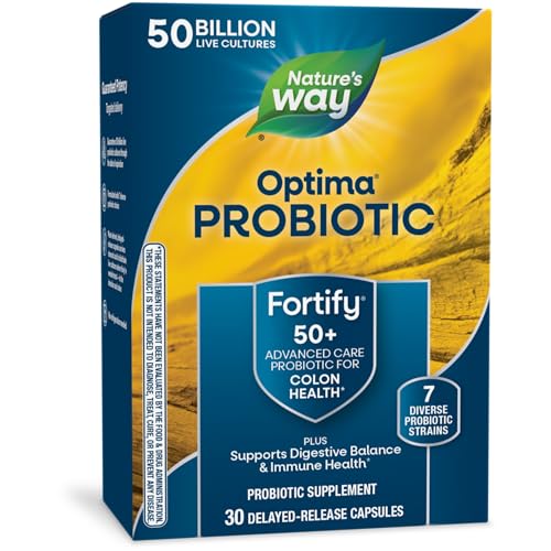Nature&#39;s Way Fortify Optima Probiotic for Adults 50+, 50 Billion Live Cultures, Supports Digestive Balance, Colon &amp; Immune Health*, No Refrigeration Needed, 30 Capsules (Packaging May Vary)