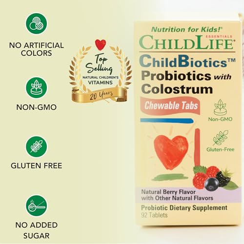 ChildBiotics with Colostrum- Probiotics for Kids, Probiotics for Digestive Health, Chewables, Children&#39;s Probiotic, Colostrum for Kids, Gluten Free - Natural Berry, 92 Tablets