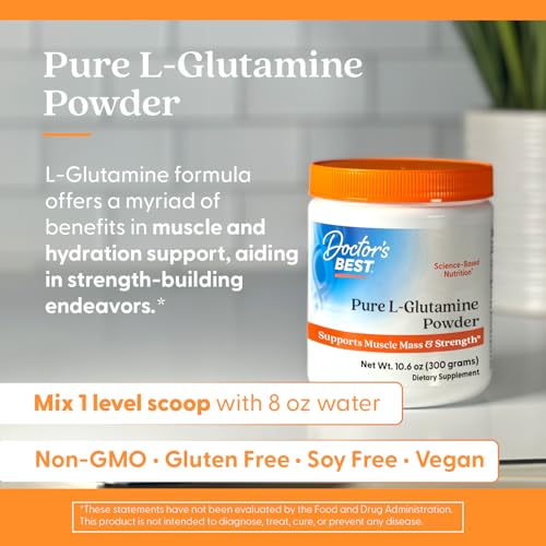 Doctors Best Pure L-Glutamine Powder, Supports Muscle Mass &amp; Strength, Non-GMO, Gluten Free, Soy Free, Vegan Net Wt. 10.6 oz (300 Grams)