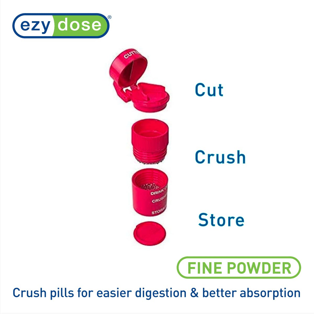 EZY DOSE 3 Compartment Pill Crusher, Cutter and Grinder, Daily Usage, Safely Cut Pills, Vitamins, Tablets, Accurate and Easy Cutting, Stainless Steel Blade, Removable Drinking Cup, Red, BPA Free
