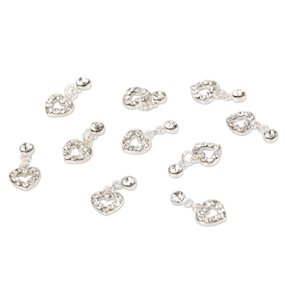Eft 10 Pcs Fashion Nail Charms Silver Dangle Sweet Love Heart 3D Alloy Crystal Rhinestone Metal Nail Art Tips Slice Decoration For Women Girls Ladies