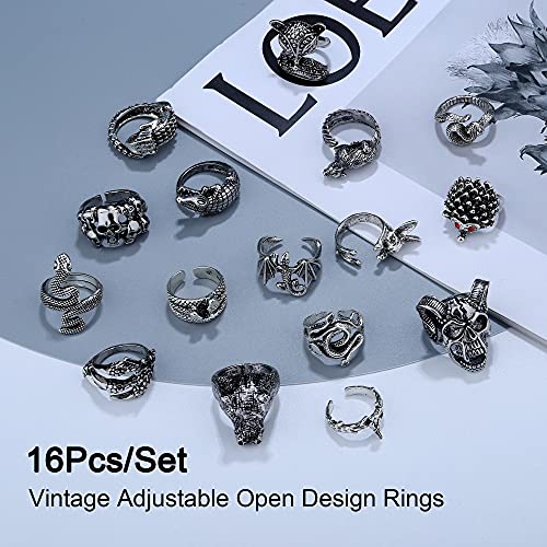 16Pcs Gothic Open Rings Set For Men Women Punk Adjustable Snake Dragon Claw Animal Rings Vintage Goth Skull Rings Indie Aesthetic