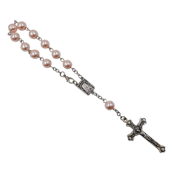 One Decade Auto Rosary for Rearview Mirror Pink Pearl Glass Beads Catholic Bracelet Our Lady of Lourdes Centerpiece Religious Gift Car Truck Travel Protection