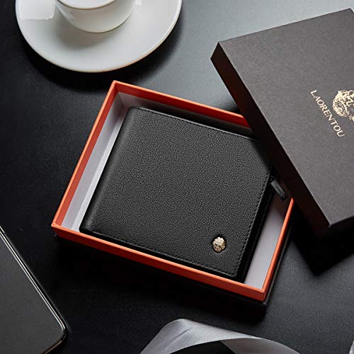 Leather Wallets for Men, Genuine Leather Gift Box Packaging Men's Short Wallet with Zipper Pocket Mens Bifold Wallet Credit Card Holder Casual Men Purse (Black)