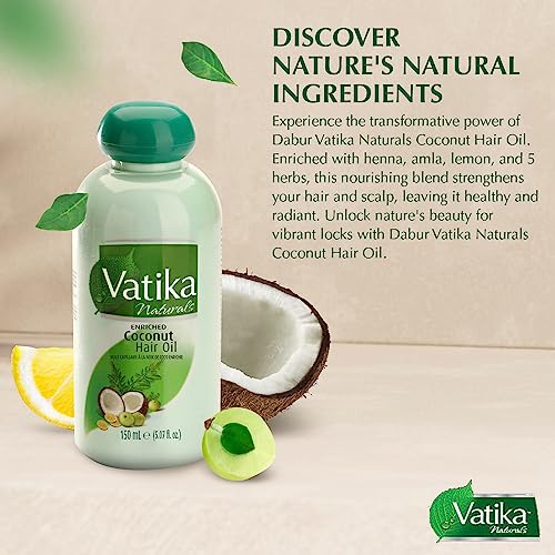 Vatika Naturals Coconut Hair Oil with Henna, Amla, Lemon &amp; 5 Herbs - Nourish &amp; Strengthen Hair &amp; Scalp for Healthy &amp; Radiant Hair for Kids, Women &amp; Adults - 5.07 Fl Oz (Pack of 1)