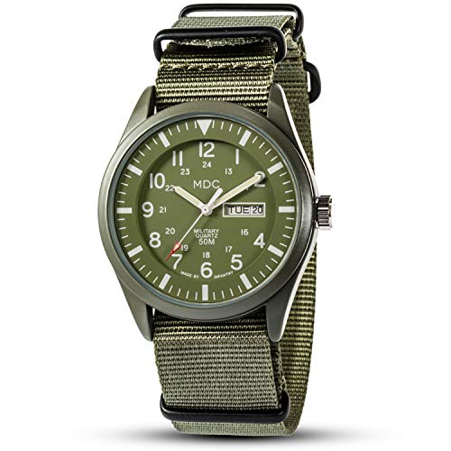 Military Watches for Men Analog Wrist Watch, Tactical Waterproof Outdoor Sport Mens Quartz Wristwatch, Date Day Work Field Army Green w/Nylon Band by MDC