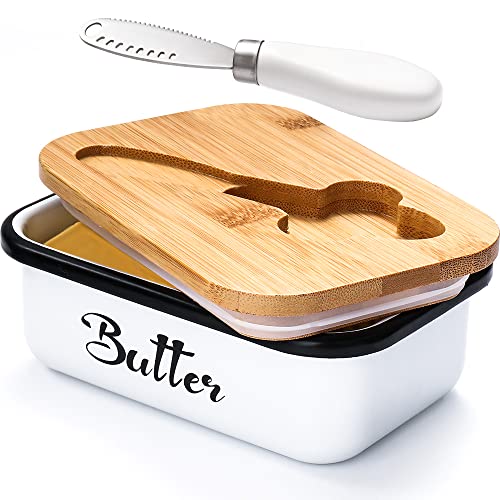 Butter Dish with Lid,Butter Dish for Countertop, Metal Butter Keeper with Stainless Steel Multipurpose Butter Knife,Large Butter Container with Silicone Home Decor Kitchen Gift White