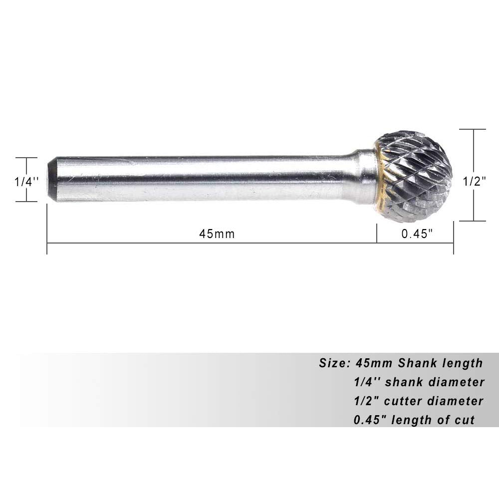 SD-5 Tungsten Carbide Burr ball Shape Double Cut Rotary Burrs File(1/2&#39;&#39;cutter Dia , 0.45&#39;&#39;Cutter Length) with 1/4&#39;&#39; (6.35mm) Shank dia