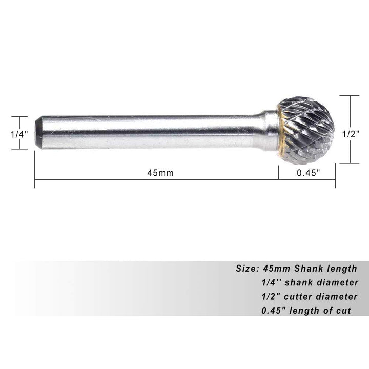 SD-5 Tungsten Carbide Burr ball Shape Double Cut Rotary Burrs File(1/2&#39;&#39;cutter Dia , 0.45&#39;&#39;Cutter Length) with 1/4&#39;&#39; (6.35mm) Shank dia