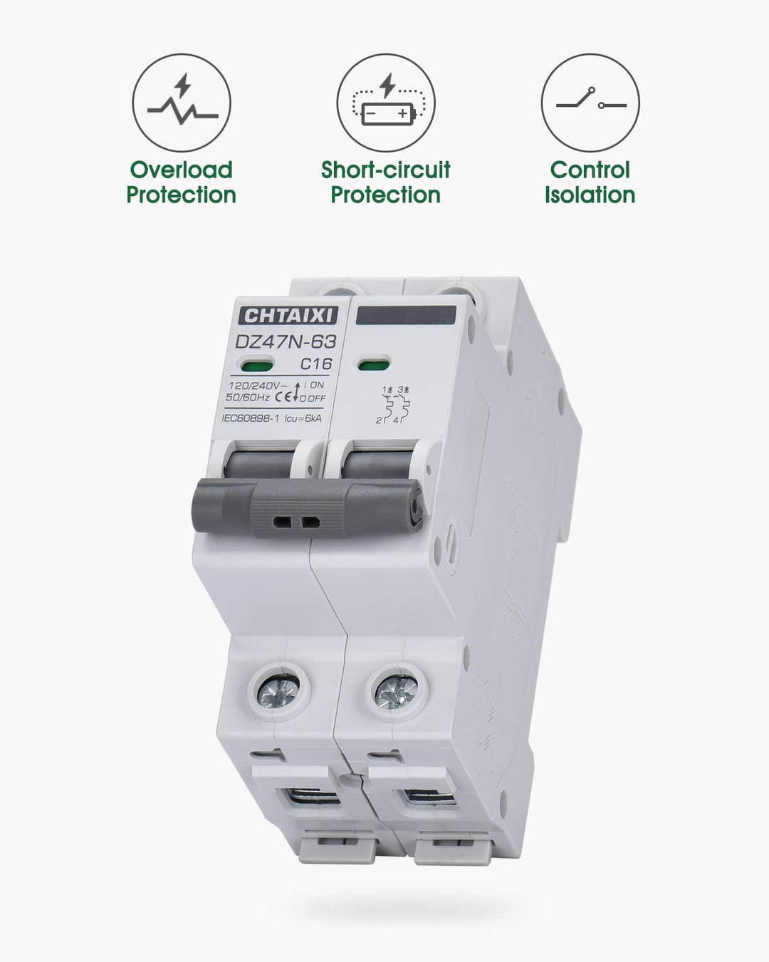 Chtaixi AC Miniature Circuit Breaker, 16 Amp 120V/240V 2 Pole DIN Rail Mount Circuit Breaker, Thermal Magnetic Trip, Solar AC Disconnect Switch MCB C16