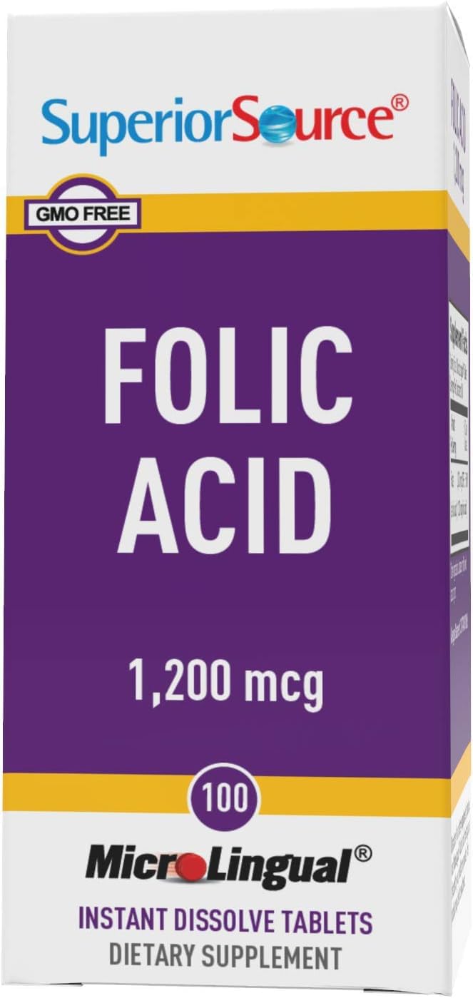 Superior Source Folic Acid 1200 mcg - Folic Acid Supplement for Women & Men - Supports Heart & Immune System Function - Folic Acid Aids Nervous System Health - 100 Sublingual Dissolving Tablets