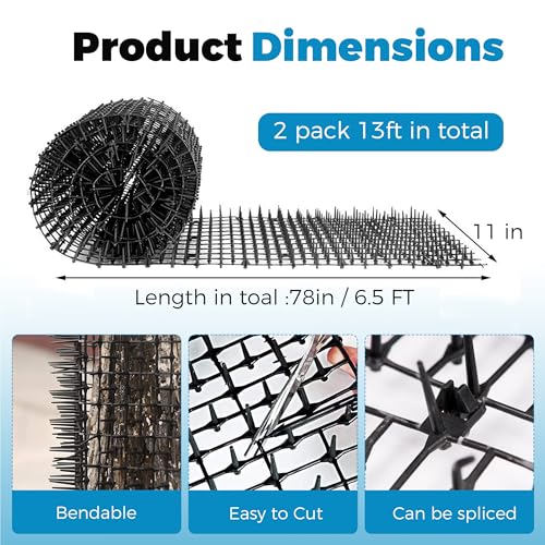13ft Scat Mat for Cats, Cat Scat Mat with Spikes Outdoor, Cat Spikes for Outside, Cat Deterrent Spikes (2 Pack 6.5ft)