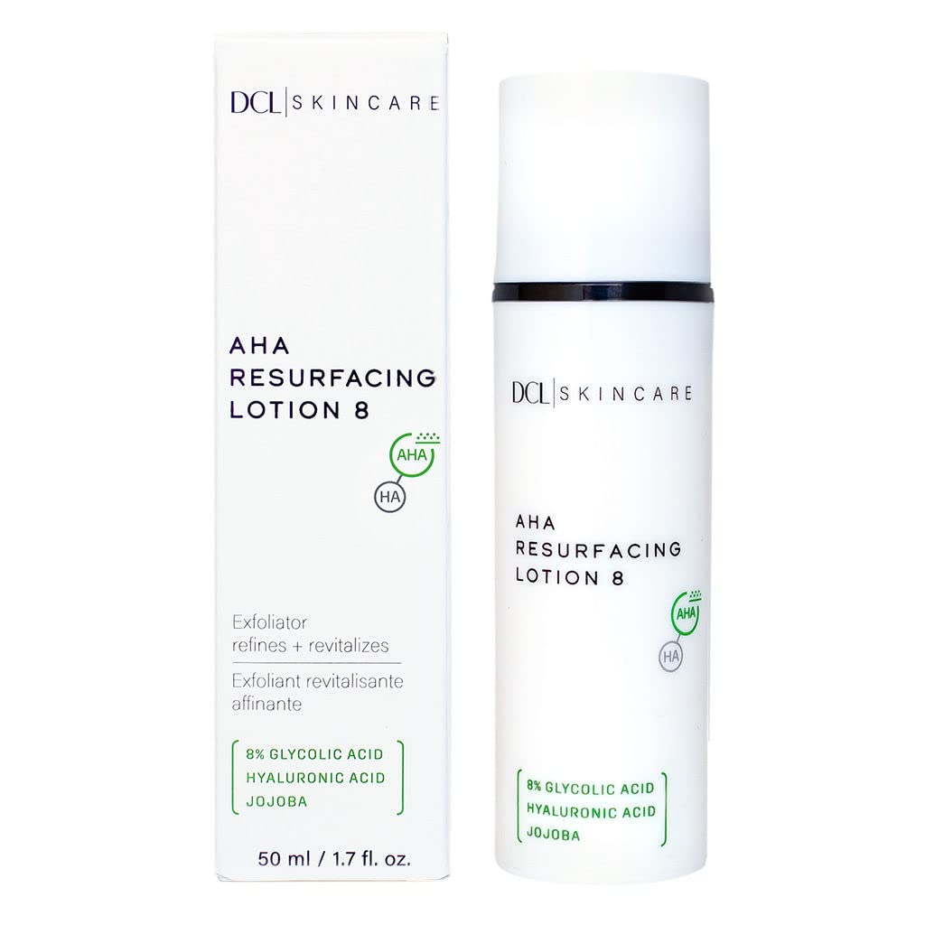 Skincare AHA Resurfacing Lotion 8, 8% Glycolic Acid with Hyaluronic Acid Exfoliates and Hydrates, 1.7 Fl oz