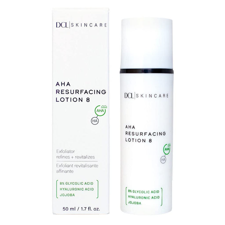 Skincare AHA Resurfacing Lotion 8, 8% Glycolic Acid with Hyaluronic Acid Exfoliates and Hydrates, 1.7 Fl oz