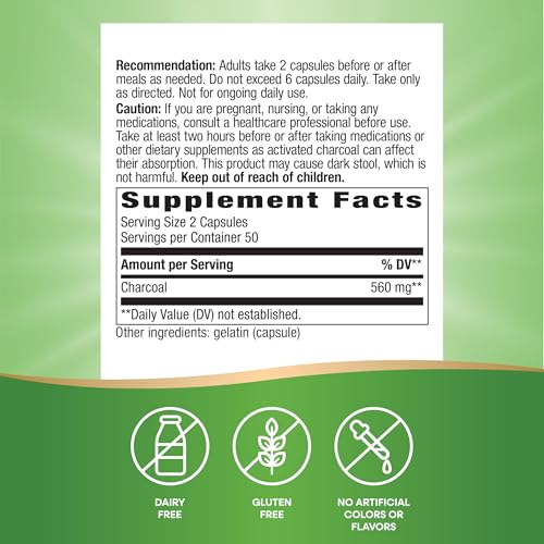 Nature&#39;s Way Activated Charcoal, Binds Unwanted Materials and Gas in the Digestive Tract*, 560 mg per 2-Capsule Serving, 100 Capsules (Packaging May Vary)