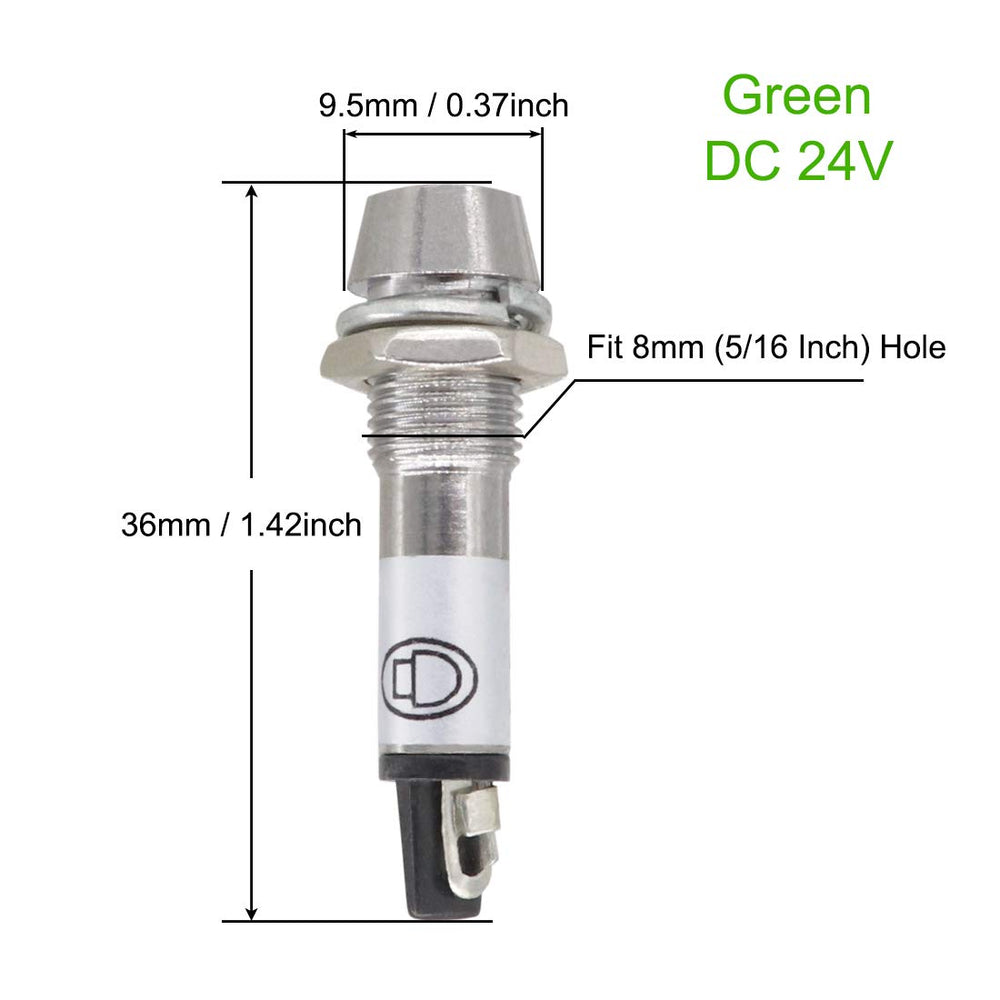 Indicator Light 24V DC Green 5/16 Inch 8mm Metal Shell Panel Mount Signal Pilot Dash Directional Lights 5 Pack