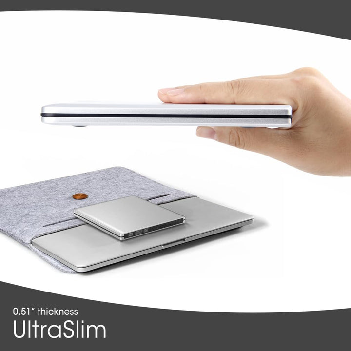 External CD DVD Drive USB 3.0/Type-C Ultra-Slim Aluminum CD/DVD-ROM Player Burner +/-RW Optical Disc Drive Reader Rewriter for Laptop PC Windows 11/10/8/7 Mac MacBook Pro Linux OS, Silver