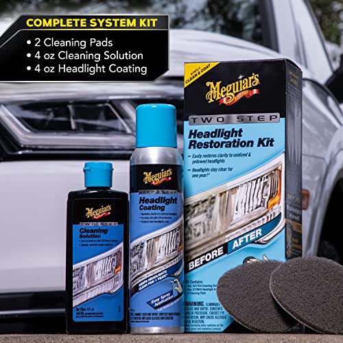 Meguiar&#39;s Two Step Headlight Restoration Kit, Headlight Cleaner Restores Clear Car Plastic and Protects from Re-Oxidation, Includes Headlight Coating and Cleaning Solution - 4 Count (1 Pack)