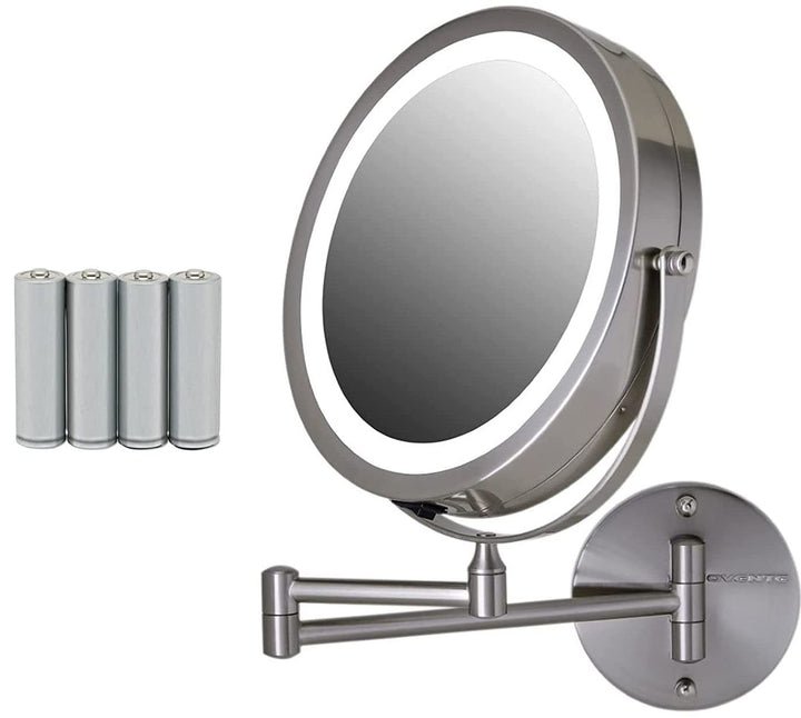 9 Lighted Wall Mount Makeup Mirror with 1X/7X Magnification, Cordless Double Sided Magnifying Round Vanity Mirror, 360° Swivel Design, Extendable and Folding Arm, Nickel Brushed MFW85BR1X7X