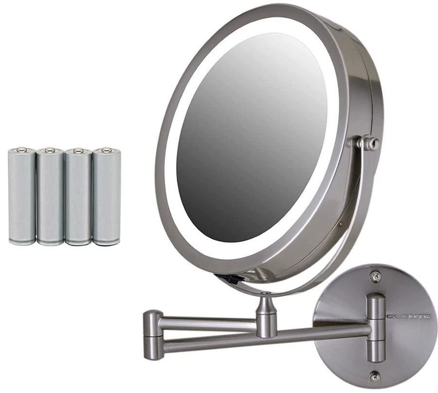 9 Lighted Wall Mount Makeup Mirror with 1X/7X Magnification, Cordless Double Sided Magnifying Round Vanity Mirror, 360° Swivel Design, Extendable and Folding Arm, Nickel Brushed MFW85BR1X7X