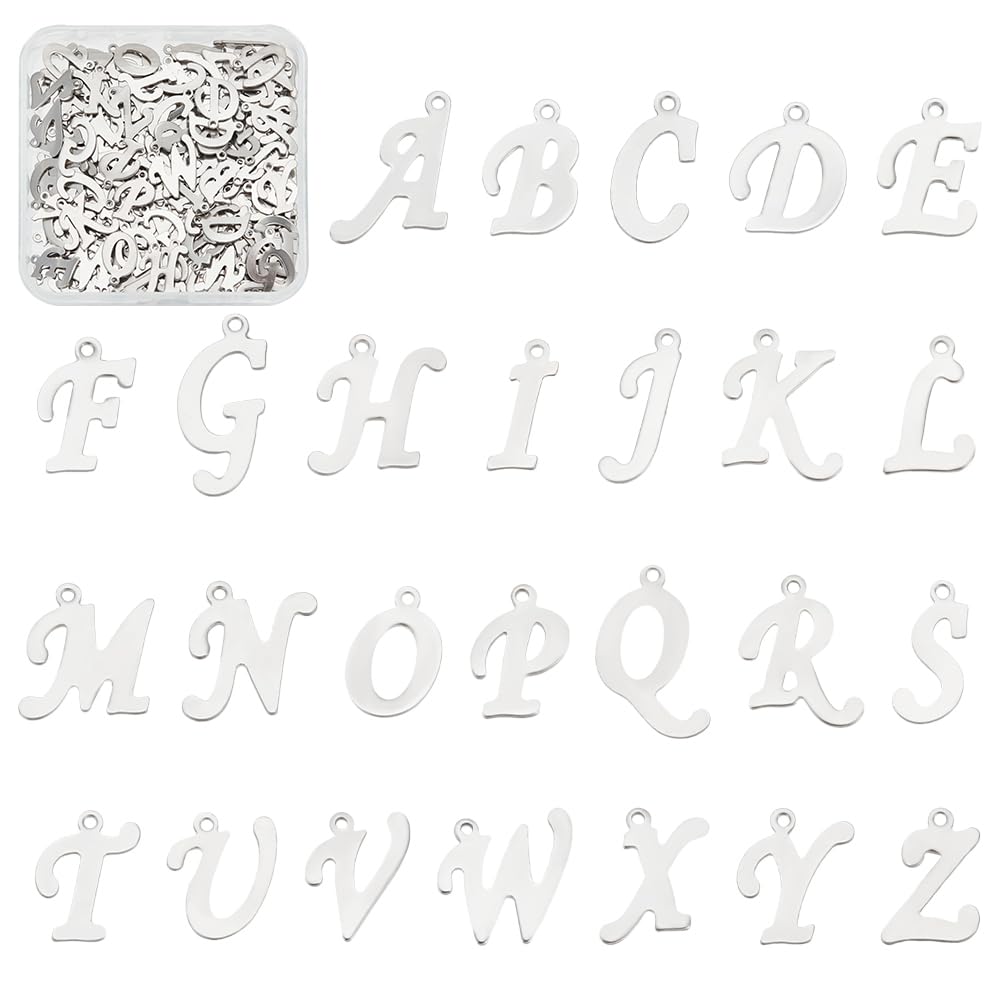 208pcs Alphabet Metal Charm Stainless Steel Charms Pendant Metal A-Z Letter Pendants 1mm Small Hole Charms for Necklaces Key Chain Jewelry Making(8 pcs for Each Letter)