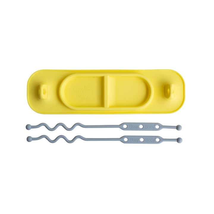 BUSY BABY MAT | Silicone Mini Suction Placemat for Babies & Toddlers with Adjustable Tethers to Attach Toys | Keep Toys Off The Floor, Dishwasher Safe, BPA Free | includes Travel Sleeve (Yellow)