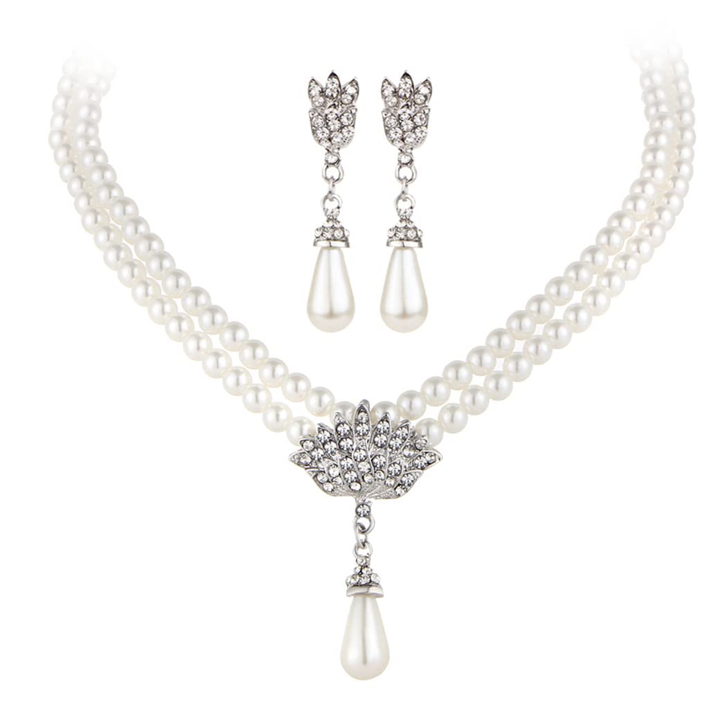 Bridal Pearl Necklace Earring Set Silver Rhinestone Wedding Jewelry Set Bride Choker Necklace Accessories for Women(Set of 3)