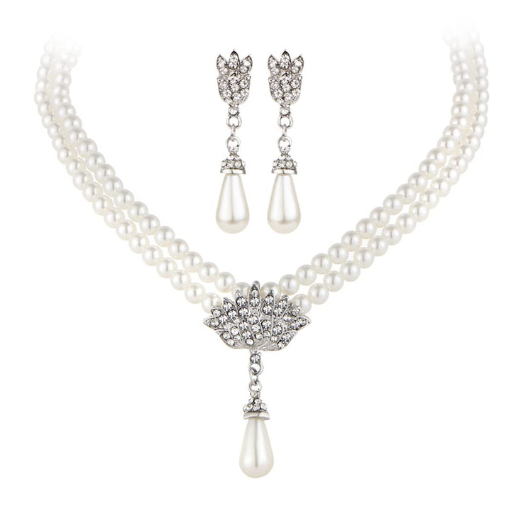 Bridal Pearl Necklace Earring Set Silver Rhinestone Wedding Jewelry Set Bride Choker Necklace Accessories for Women(Set of 3)