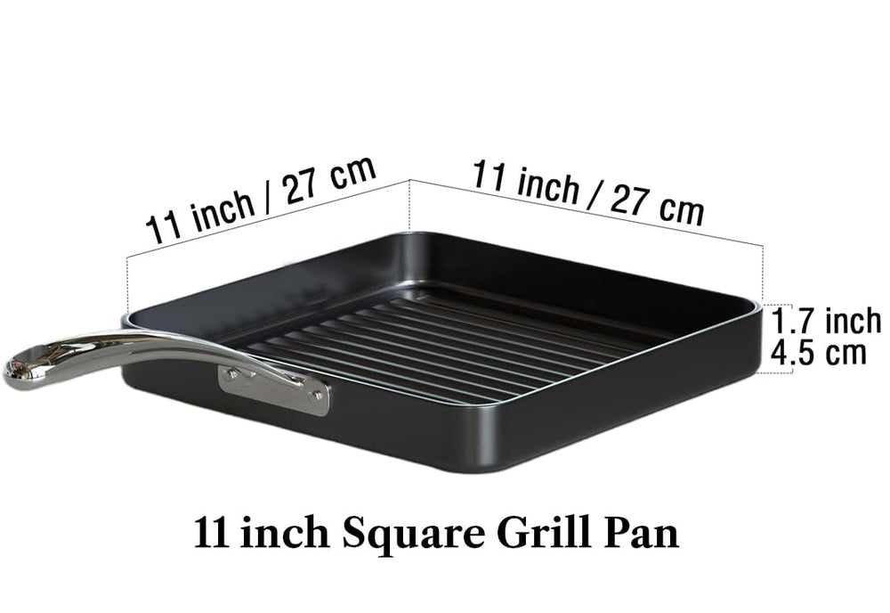 Nonstick Square Grill Pan 11 x 11-Inch, Hard Anodized Grilling Skillet Pan Cookware for Camping, Home Use