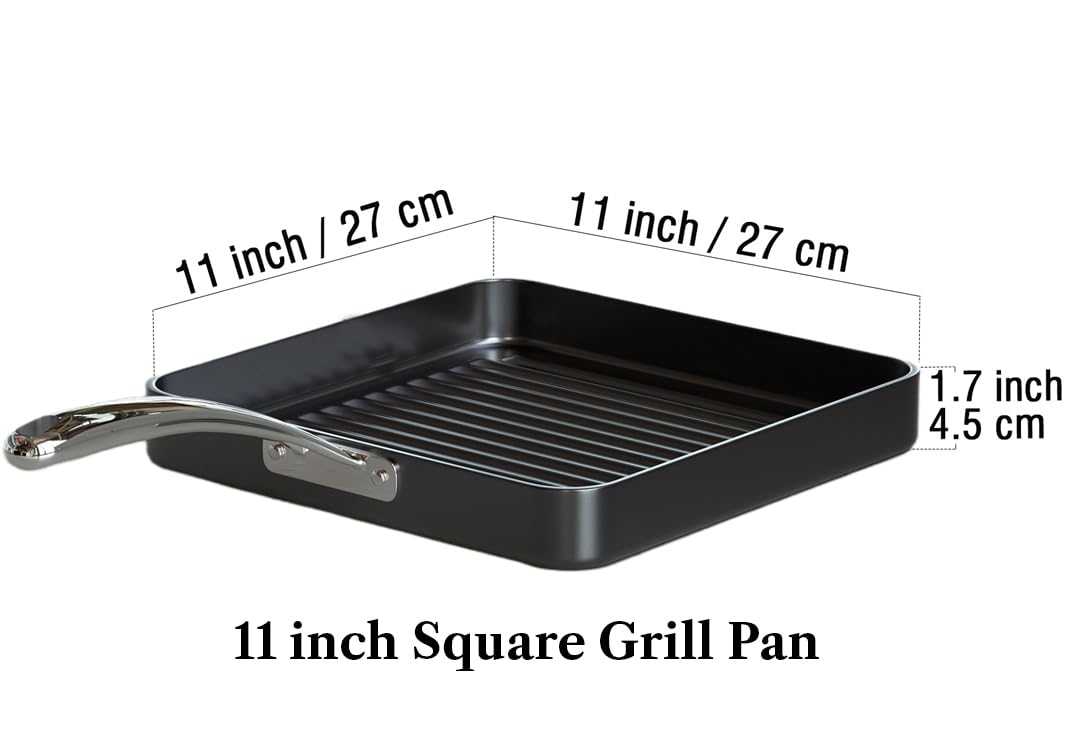Nonstick Square Grill Pan 11 x 11-Inch, Hard Anodized Grilling Skillet Pan Cookware for Camping, Home Use